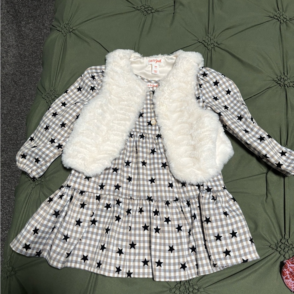 Girls' Star Print Dress with Faux Fur Vest